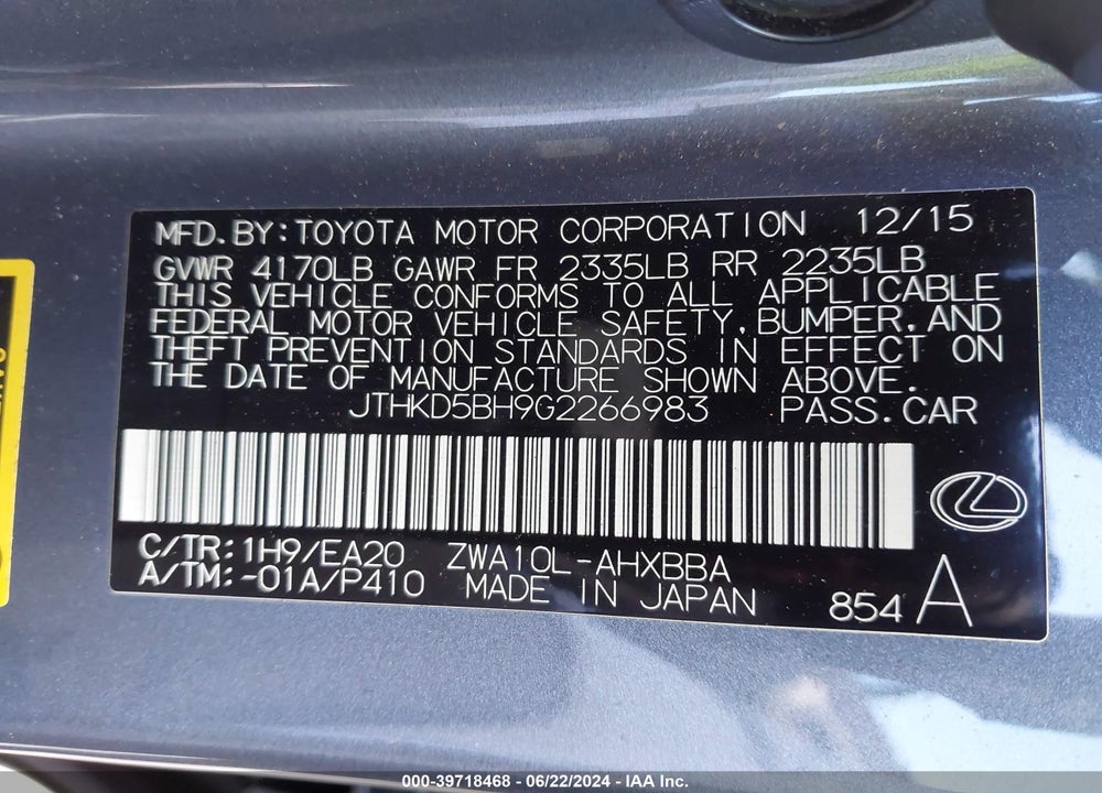 2016 LEXUS CT 200H VIN: JTHKD5BH9G2266983