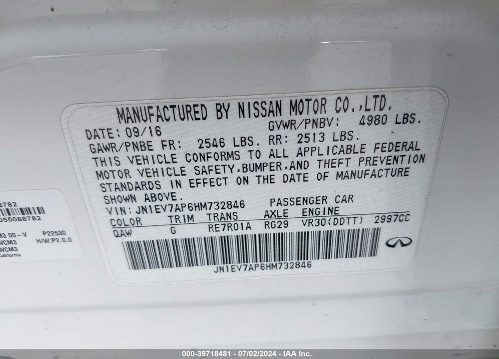 2017 INFINITI Q50 3.0T PREMIUM VIN: JN1EV7AP6HM732846