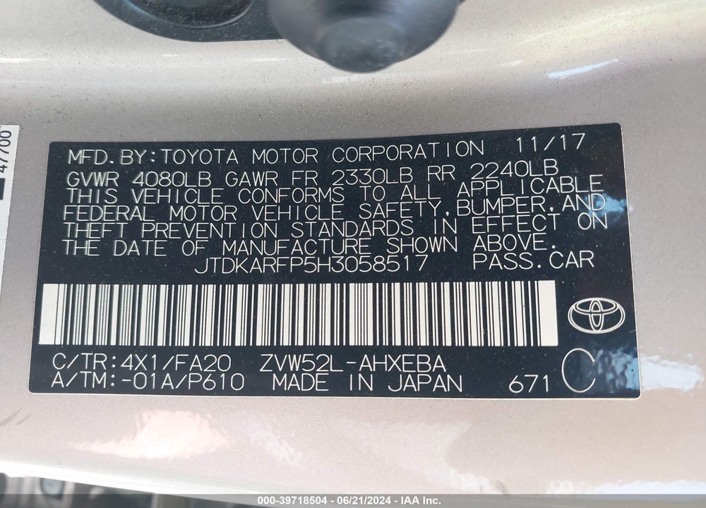 2017 TOYOTA PRIUS PRIME PLUS VIN: JTDKARFP5H3058517