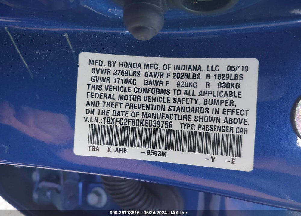 2019 HONDA CIVIC SPORT VIN: 19XFC2F80KE039756