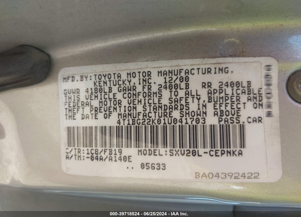 2001 TOYOTA CAMRY LE VIN: 4T1BG22K01U041703