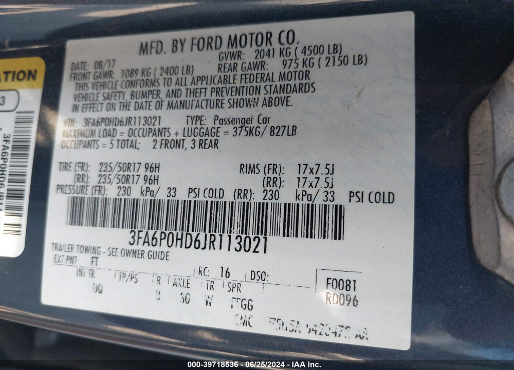 2018 FORD FUSION SE VIN: 3FA6P0HD6JR113021