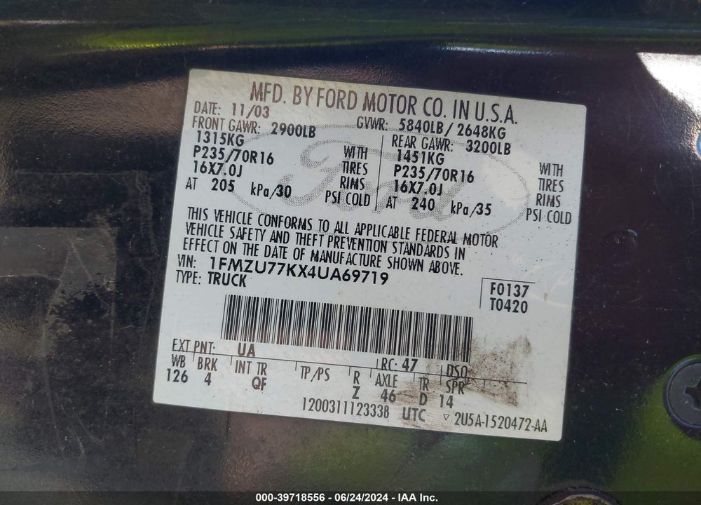2004 FORD EXPLORER SPORT TRAC ADRENALIN/XLS/XLT VIN: 1FMZU77KX4UA69719