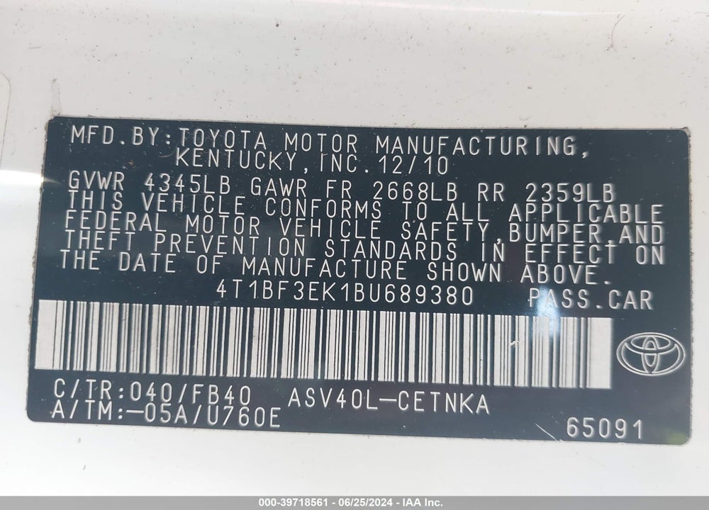 2011 TOYOTA CAMRY LE VIN: 4T1BF3EK1BU689380