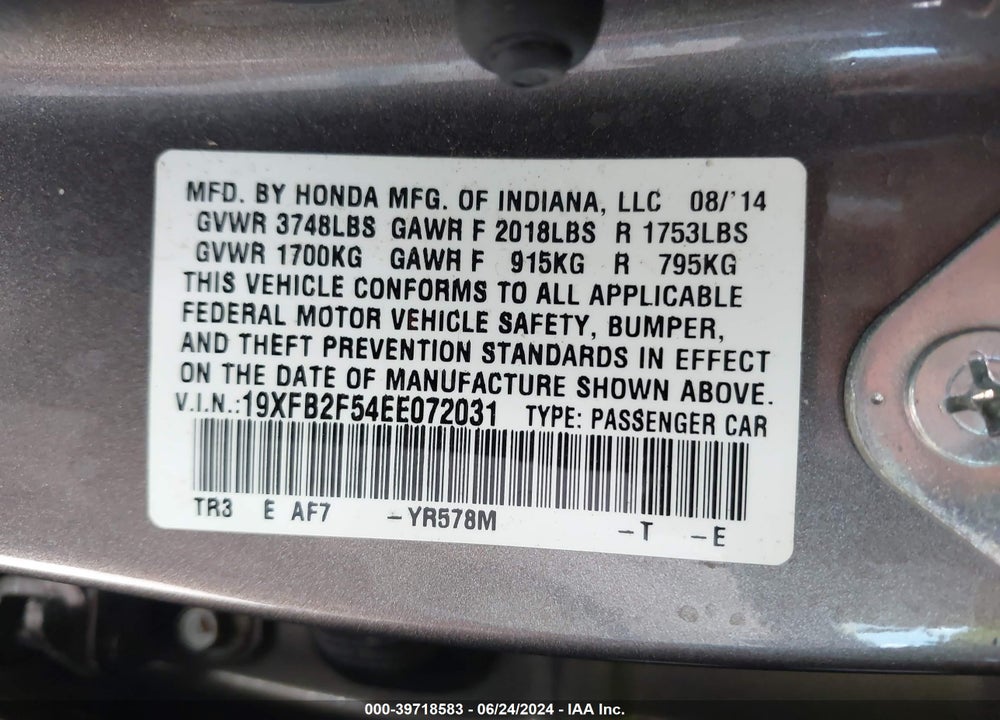 2014 HONDA CIVIC LX VIN: 19XFB2F54EE072031