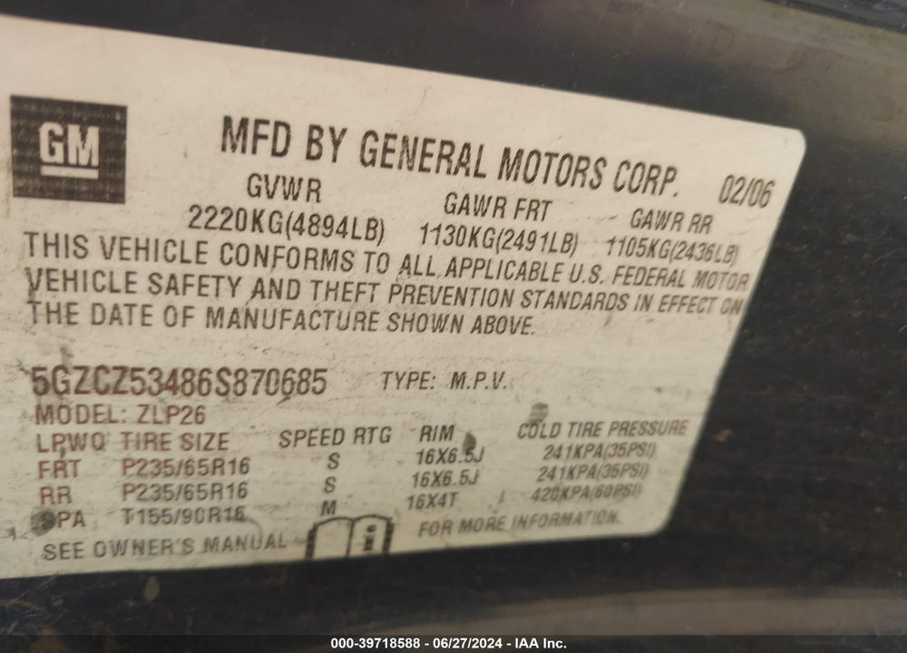 2006 SATURN VUE V6 VIN: 5GZCZ53486S870685