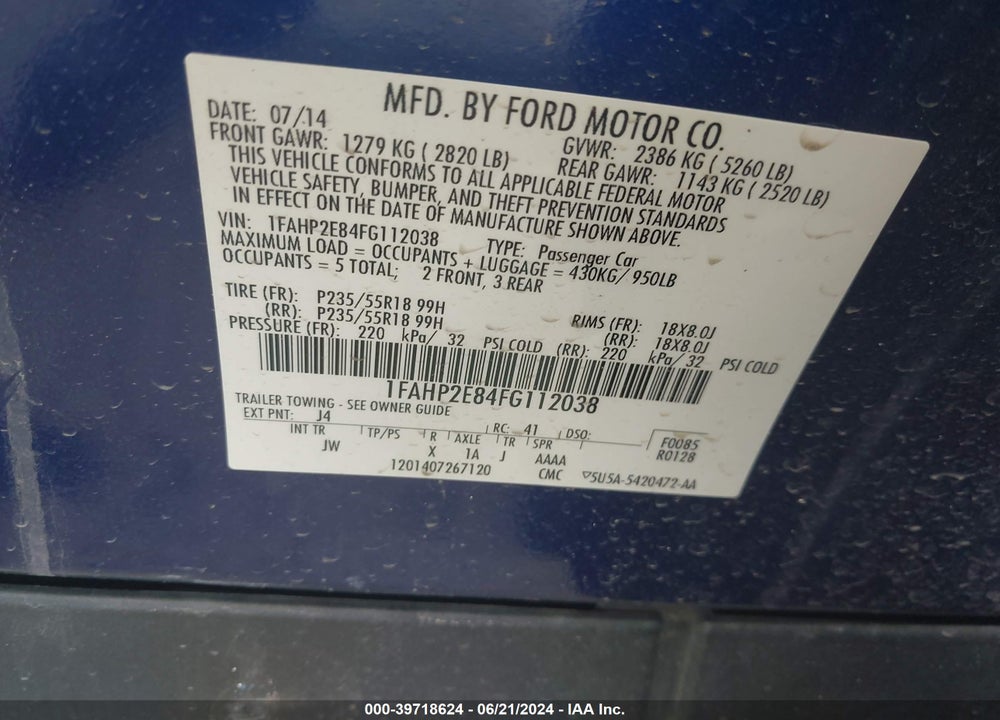 2015 FORD TAURUS VIN: 1FAHP2E84FG112038