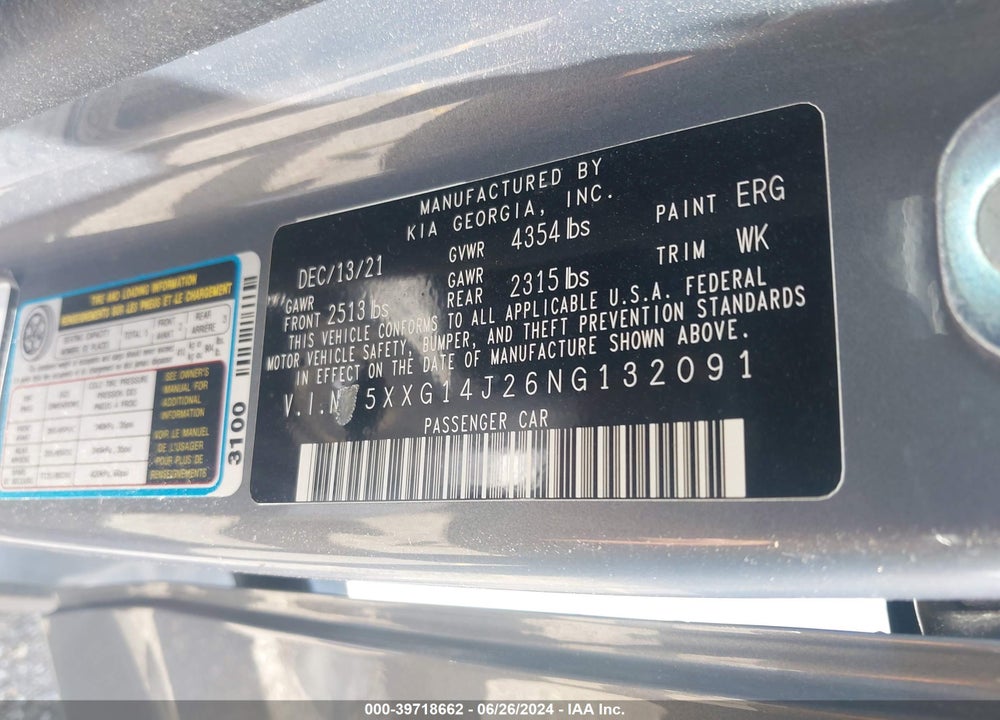 2022 KIA K5 LXS VIN: 5XXG14J26NG132091