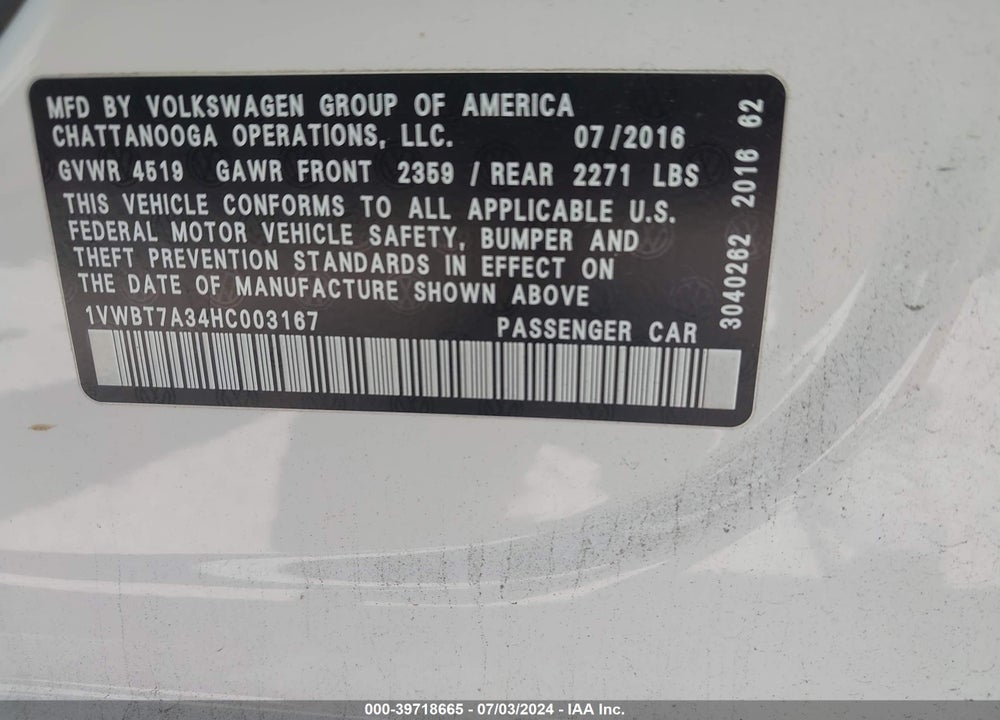 2017 VOLKSWAGEN PASSAT 1.8T SE VIN: 1VWBT7A34HC003167