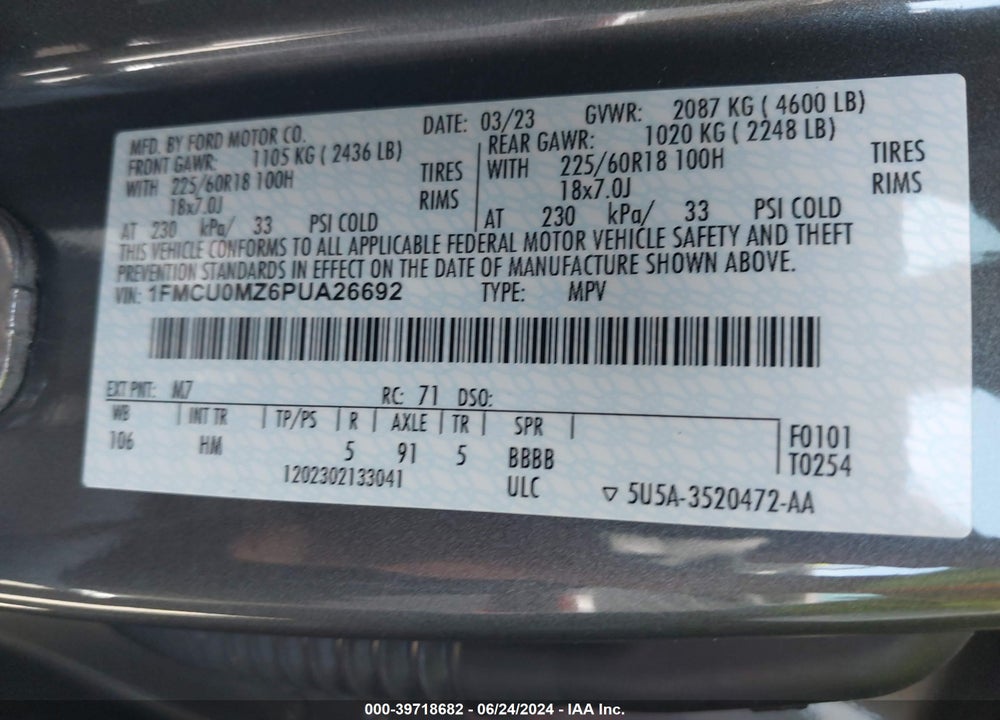 2023 FORD ESCAPE ST LINE VIN: 1FMCU0MZ6PUA26692