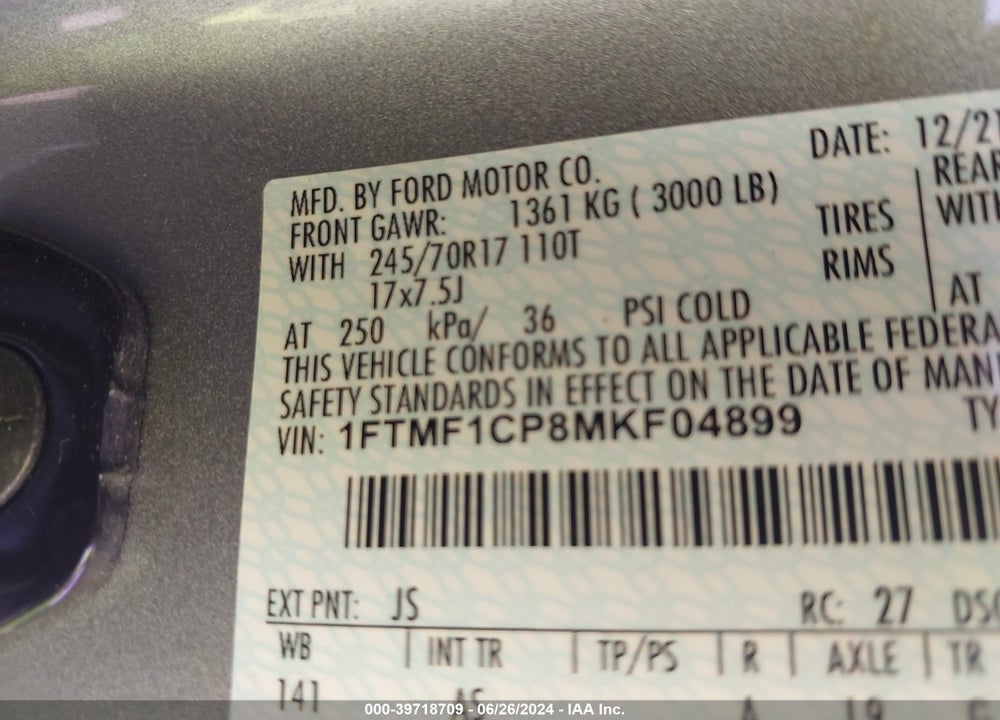 2021 FORD F-150 XL VIN: 1FTMF1CP8MKF04899