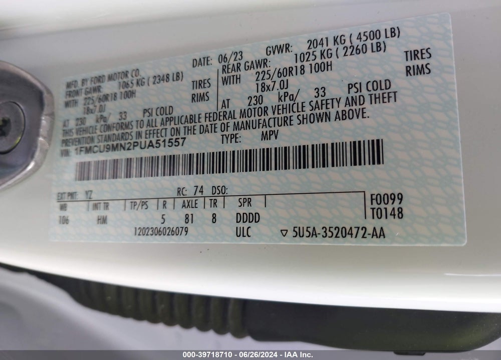 2023 FORD ESCAPE ST LINE VIN: 1FMCU9MN2PUA51557