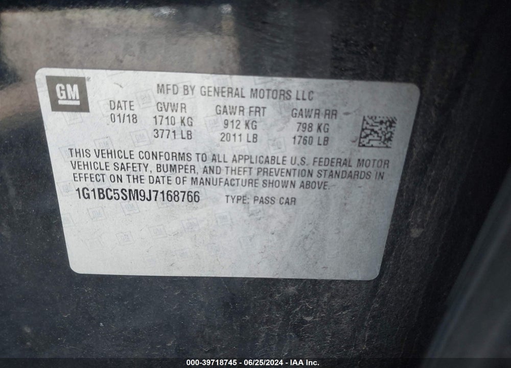 2018 CHEVROLET CRUZE LS AUTO VIN: 1G1BC5SM9J7168766