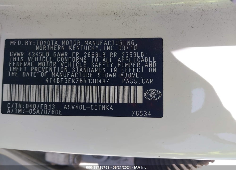 2011 TOYOTA CAMRY VIN: 4T4BF3EK7BR138487