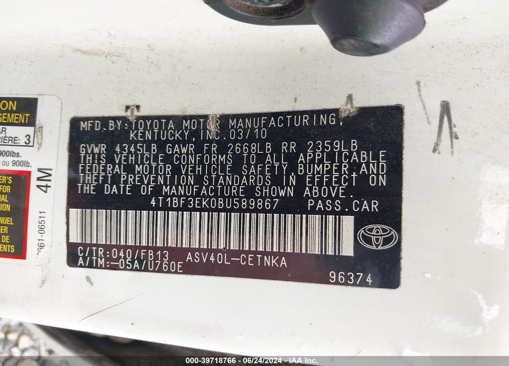 2011 TOYOTA CAMRY VIN: 4T1BF3EK0BU589867