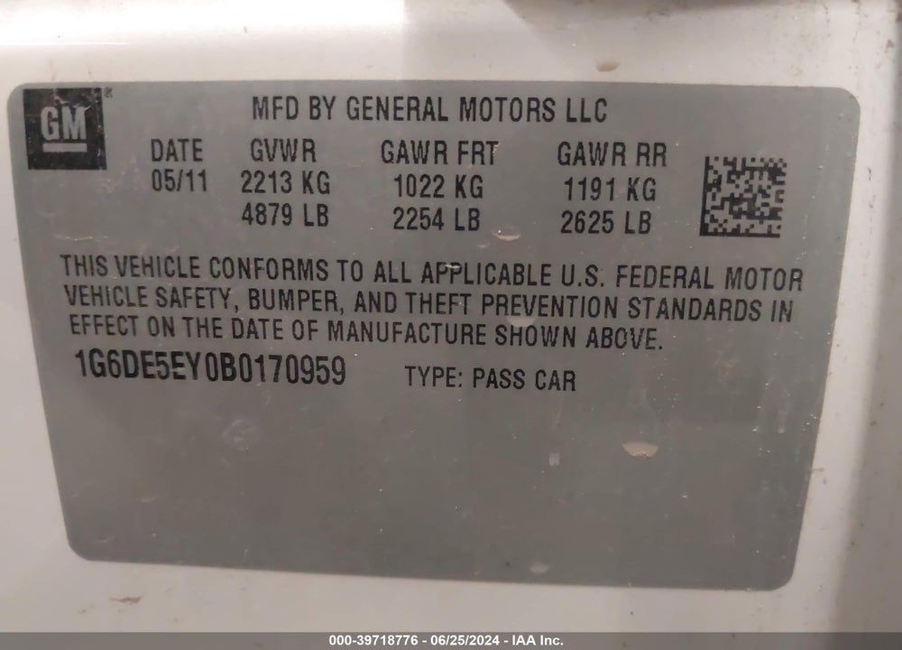 2011 CADILLAC CTS LUXURY VIN: 1G6DE5EY0B0170959