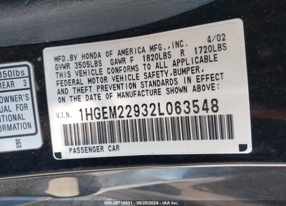 2002 HONDA CIVIC EX VIN: 1HGEM22932L063548
