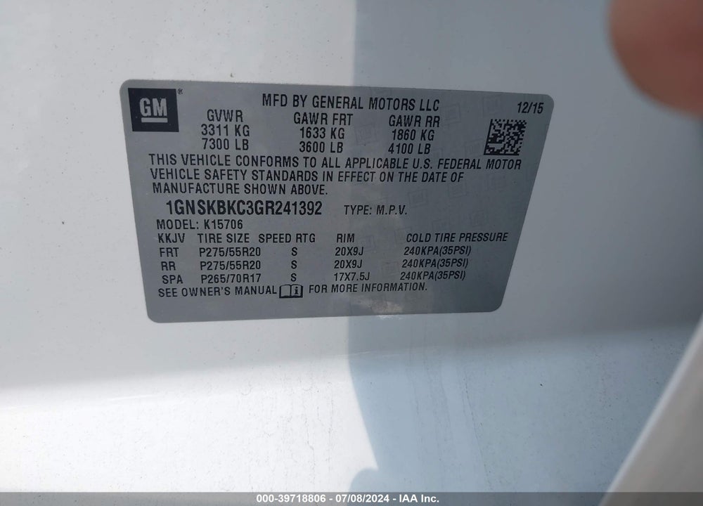 2016 CHEVROLET TAHOE LT VIN: 1GNSKBKC3GR241392