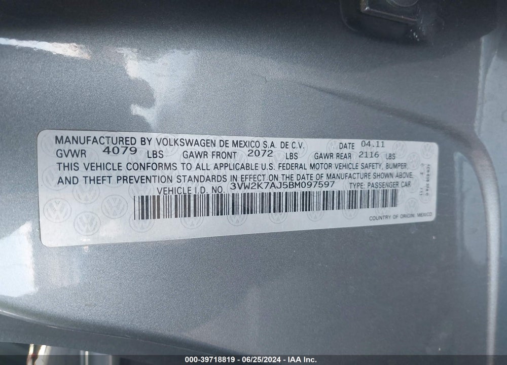 2011 VOLKSWAGEN JETTA 2.0L S VIN: 3VW2K7AJ5BM097597