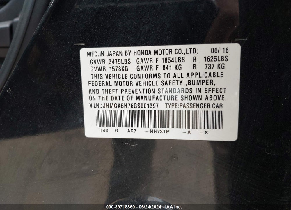 2016 HONDA FIT EX VIN: JHMGK5H76GS001397