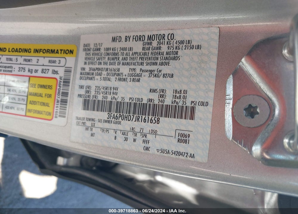 2018 FORD FUSION SE VIN: 3FA6P0HD7JR161658