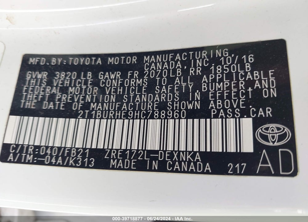 2017 TOYOTA COROLLA LE VIN: 2T1BURHE9HC788960