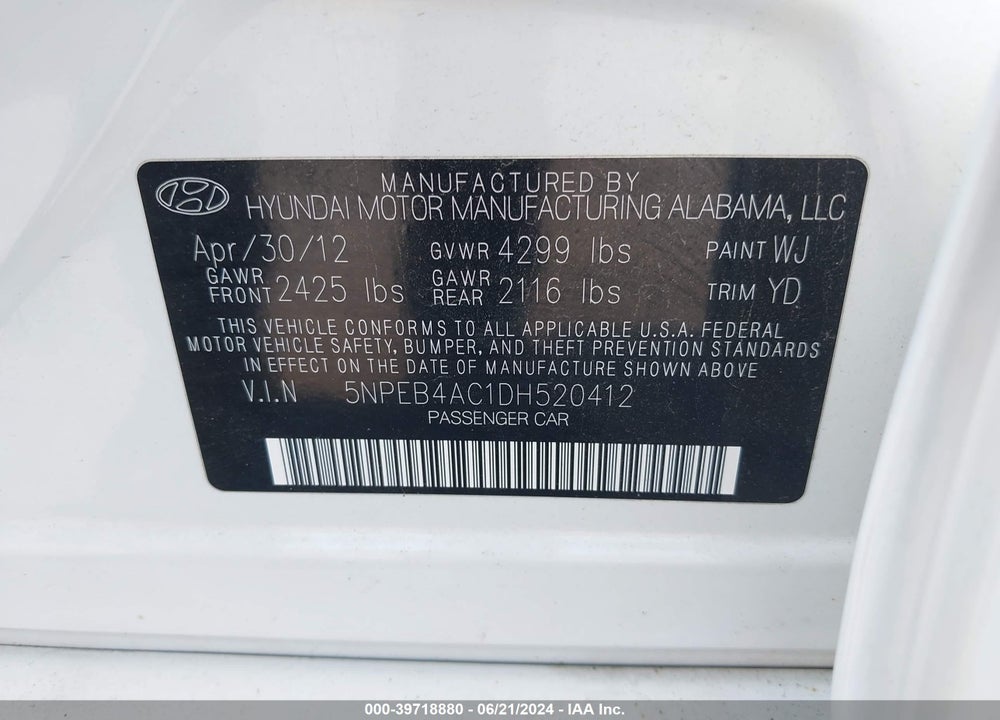 2013 HYUNDAI SONATA GLS VIN: 5NPEB4AC1DH520412