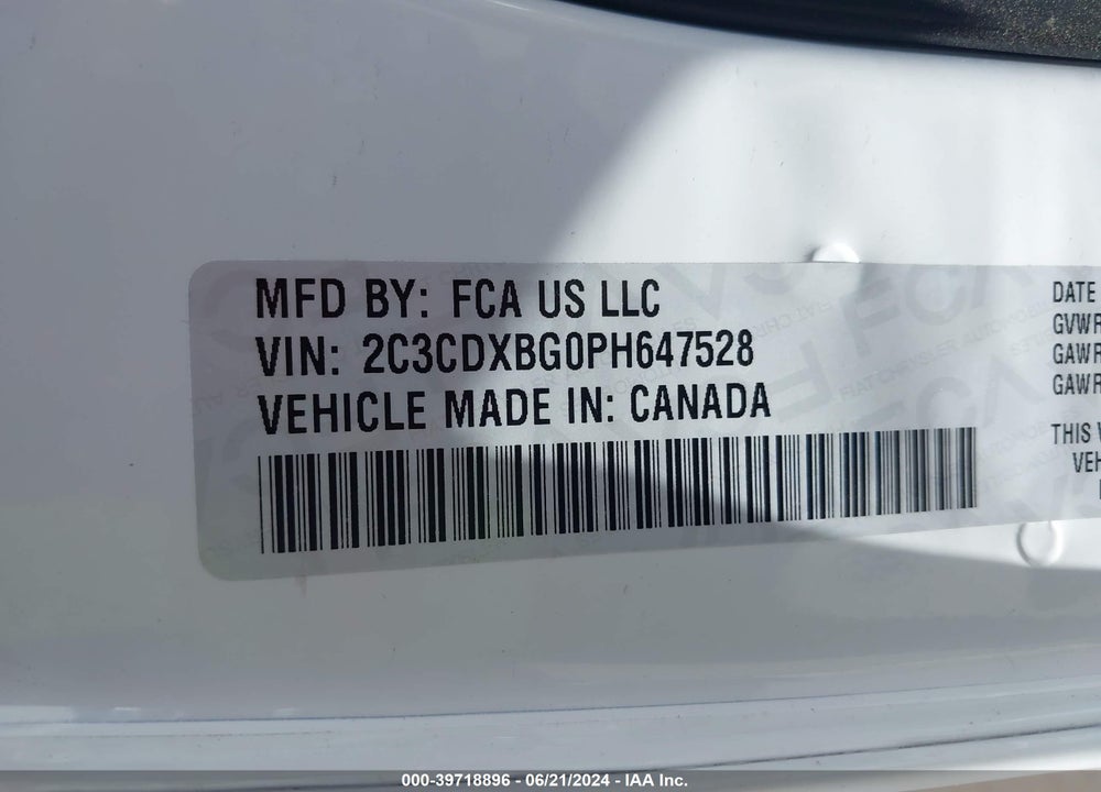 2023 DODGE CHARGER SXT VIN: 2C3CDXBG0PH647528