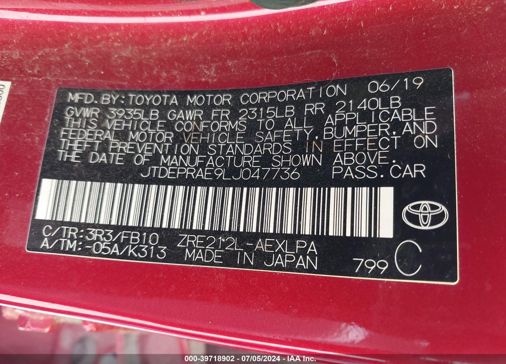 2020 TOYOTA COROLLA LE VIN: JTDEPRAE9LJ047736
