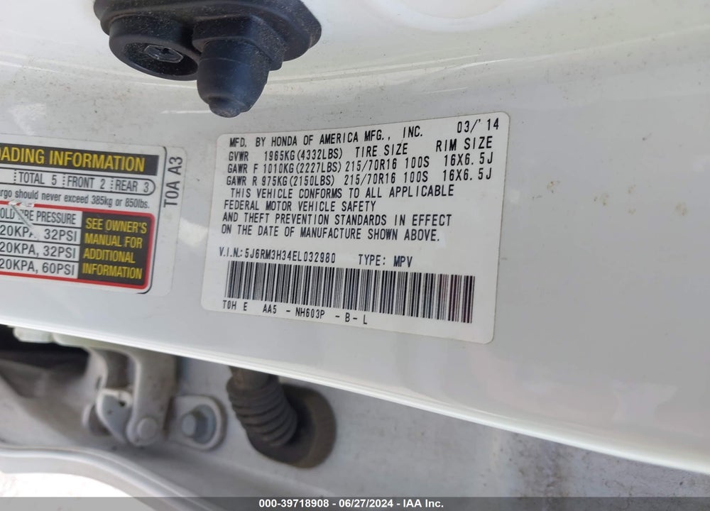 2014 HONDA CR-V LX VIN: 5J6RM3H34EL032980