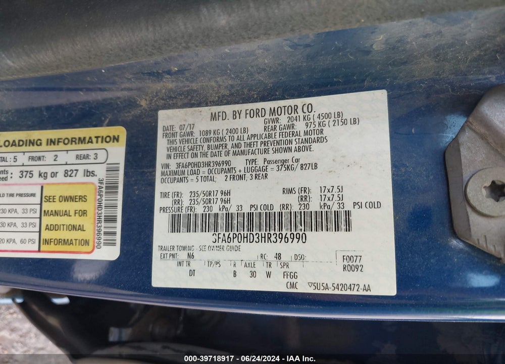 2017 FORD FUSION SE VIN: 3FA6P0HD3HR396990