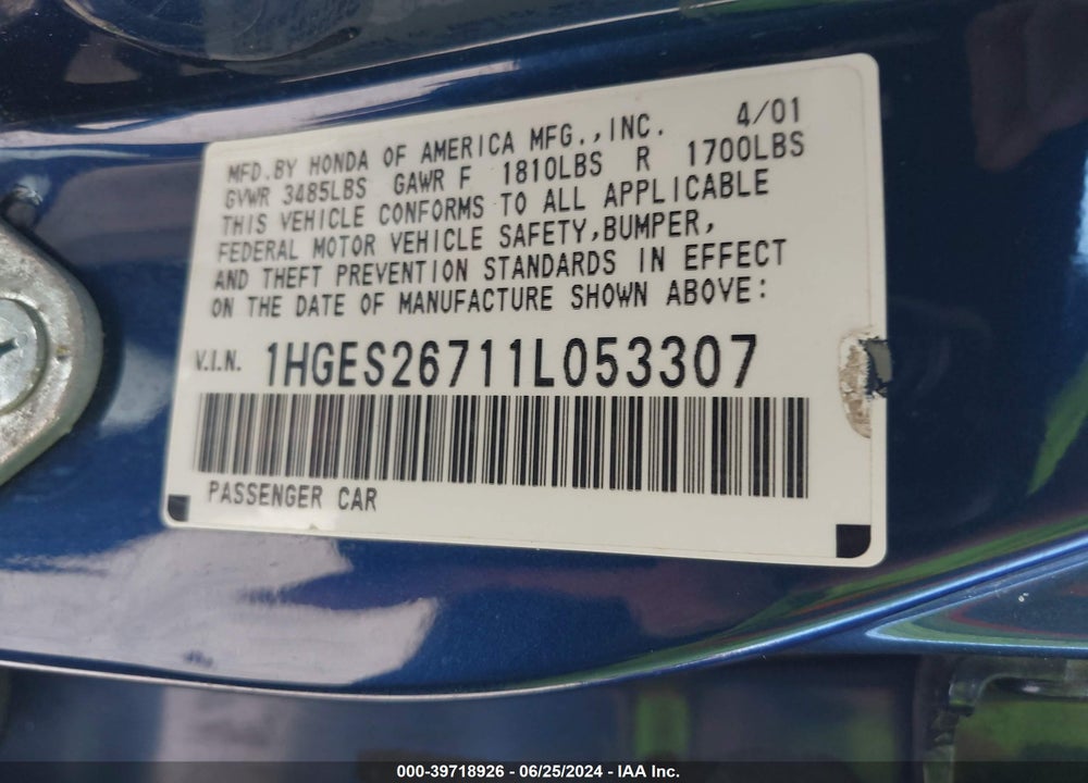 2001 HONDA CIVIC EX VIN: 1HGES26711L053307