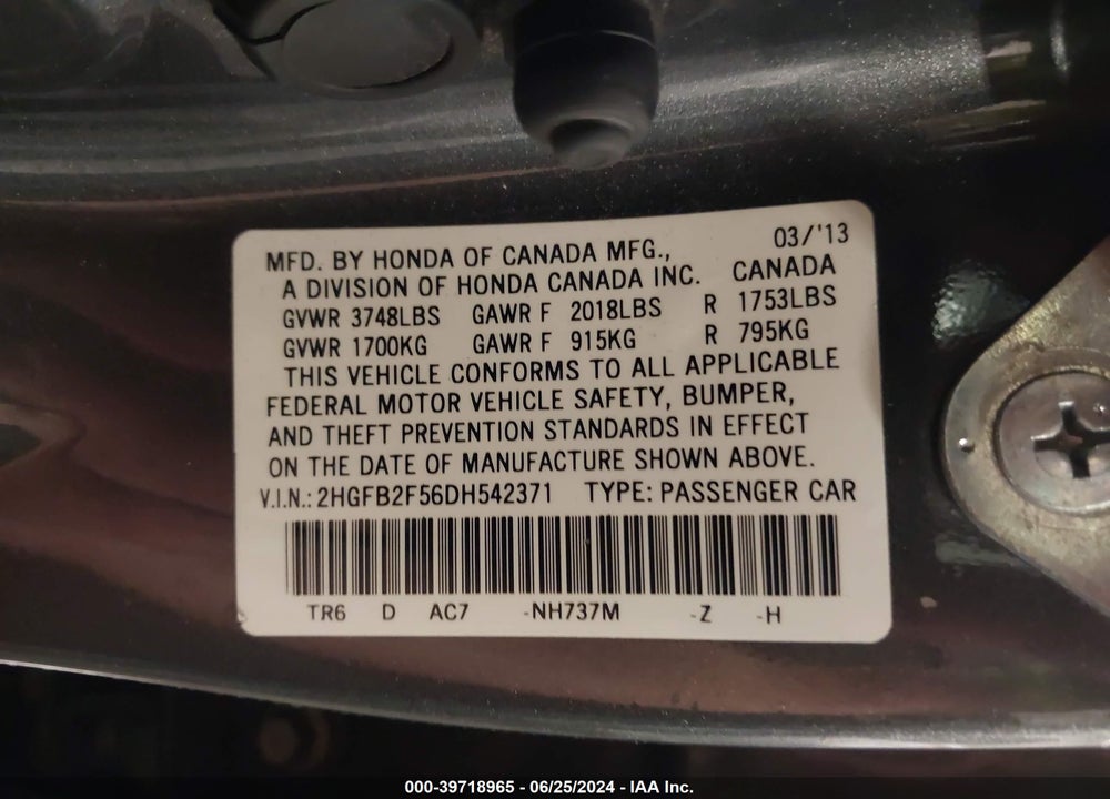 2013 HONDA CIVIC LX VIN: 2HGFB2F56DH542371