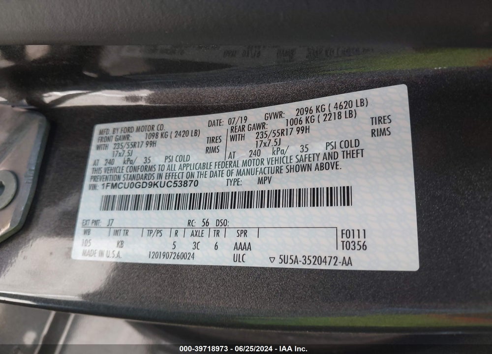 2019 FORD ESCAPE SE VIN: 1FMCU0GD9KUC53870