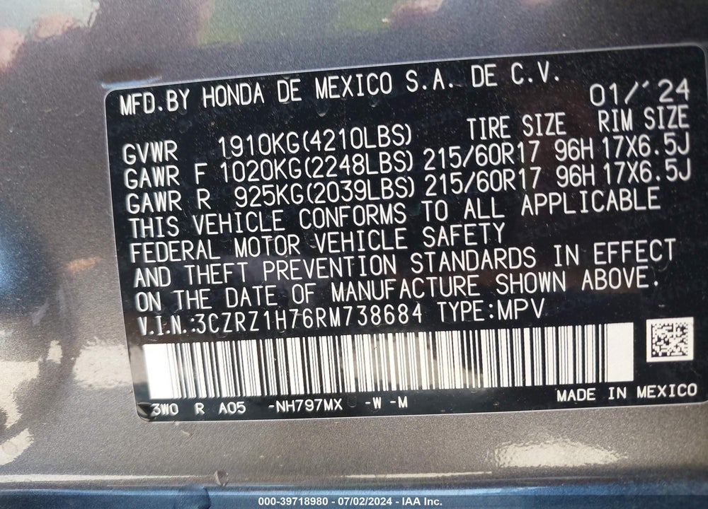 2024 HONDA HR-V 2WD EX-L/2WD EX-L W/O BSI VIN: 3CZRZ1H76RM738684