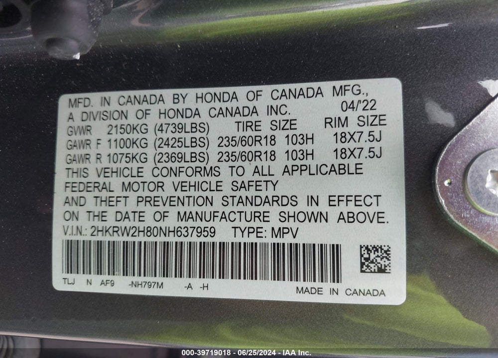2022 HONDA CR-V AWD EX-L VIN: 2HKRW2H80NH637959