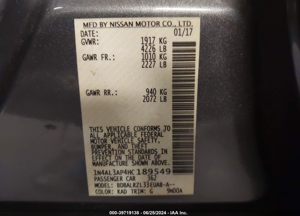 2017 NISSAN ALTIMA VIN: 1N4AL3AP4HC189549