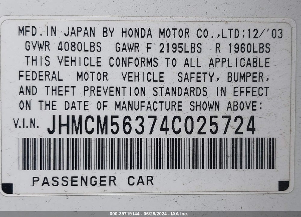 2004 HONDA ACCORD 2.4 LX VIN: JHMCM56374C025724