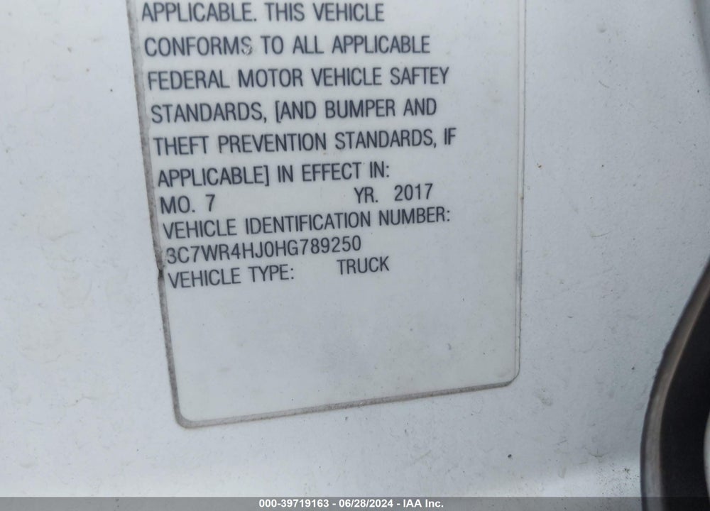2017 RAM 2500 TRADESMAN 4X2 8' BOX VIN: 3C7WR4HJ0HG789250