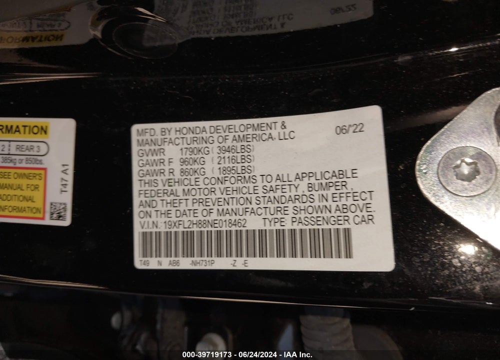 2022 HONDA CIVIC SPORT VIN: 19XFL2H88NE018462