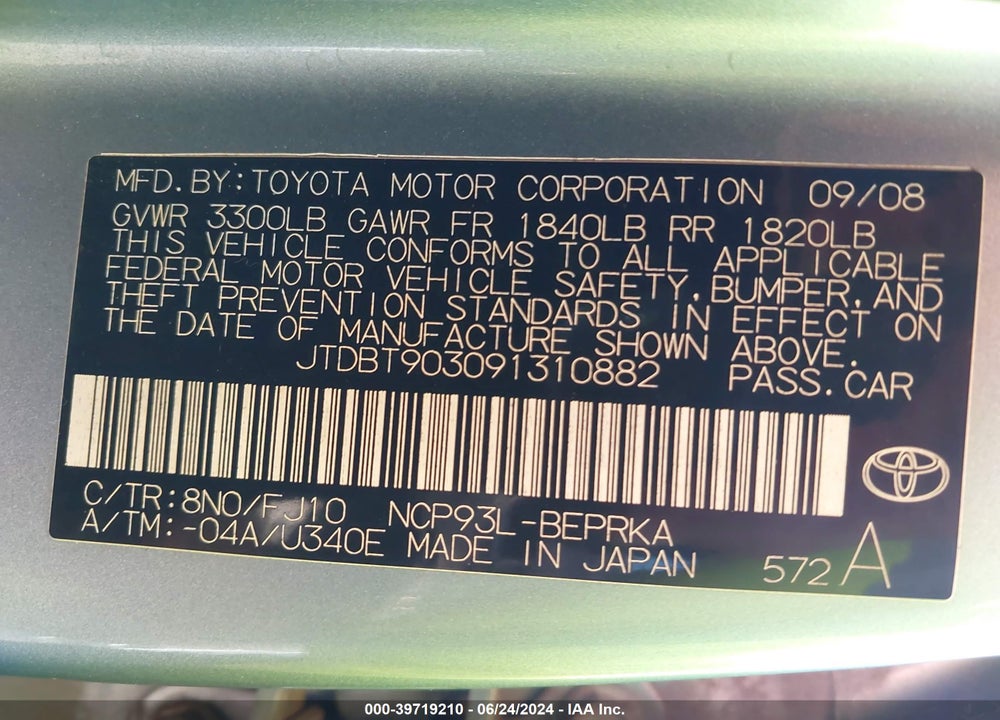 2009 TOYOTA YARIS VIN: JTDBT903091310882