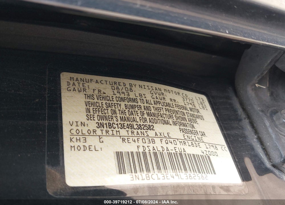 2009 NISSAN VERSA 1.8S VIN: 3N1BC13E49L382582