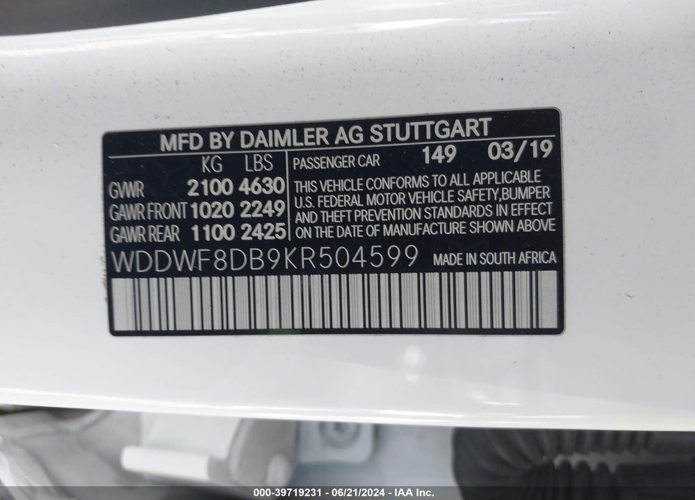 2019 MERCEDES-BENZ C 300 VIN: WDDWF8DB9KR504599
