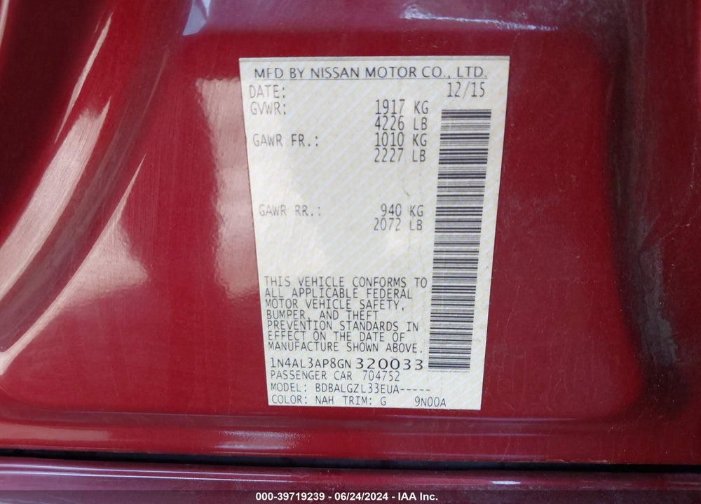 2016 NISSAN ALTIMA 2.5 S VIN: 1N4AL3AP8GN320033