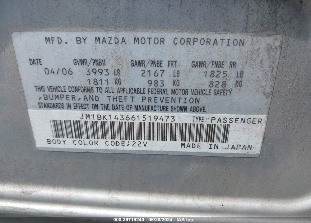 2006 MAZDA 3 S VIN: JM1BK143661519473