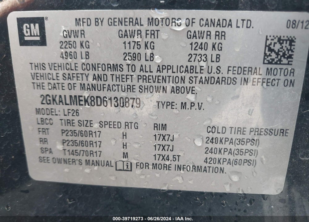 2013 GMC TERRAIN SLE-1 VIN: 2GKALMEK8D6130879