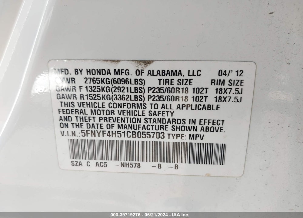 2012 HONDA PILOT EX-L VIN: 5FNYF4H51CB055703