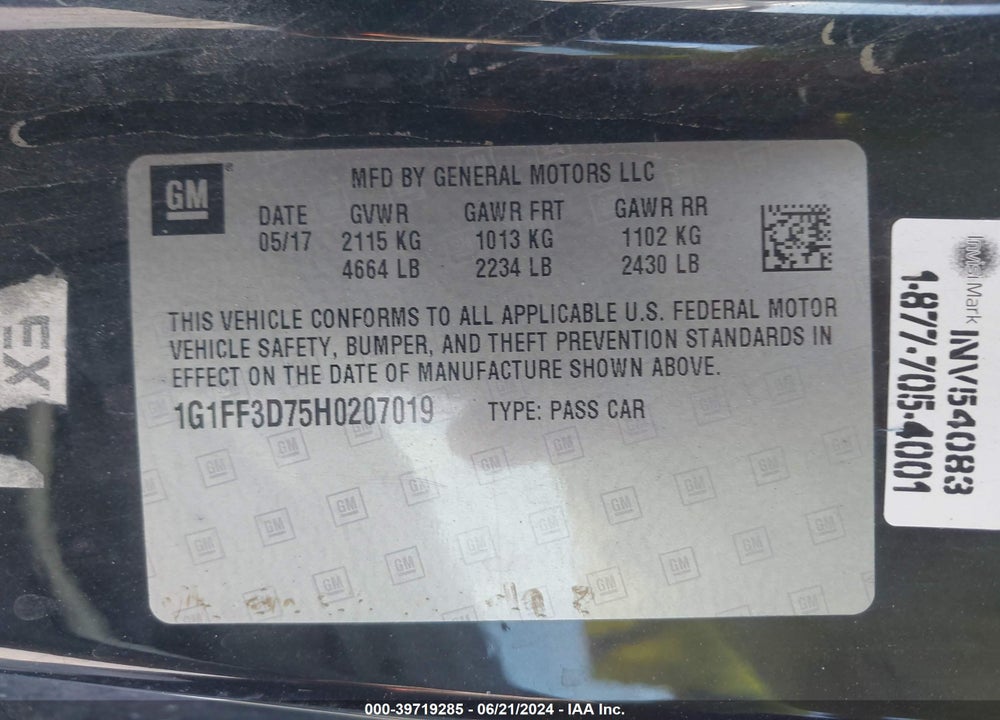 2017 CHEVROLET CAMARO 1SS VIN: 1G1FF3D75H0207019