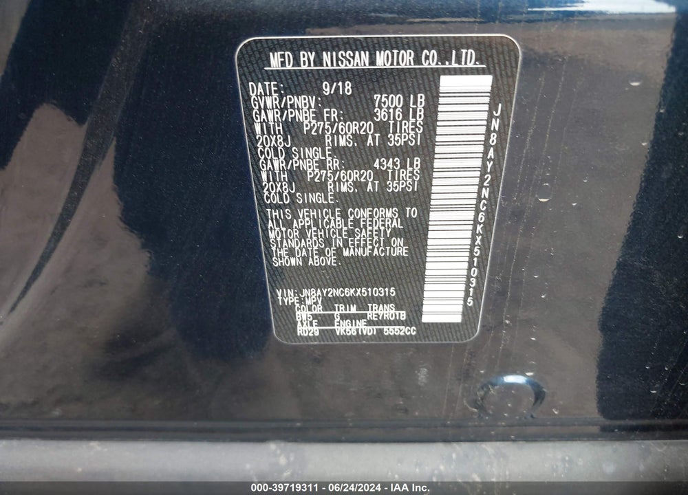 2019 NISSAN ARMADA SL VIN: JN8AY2NC6KX510315