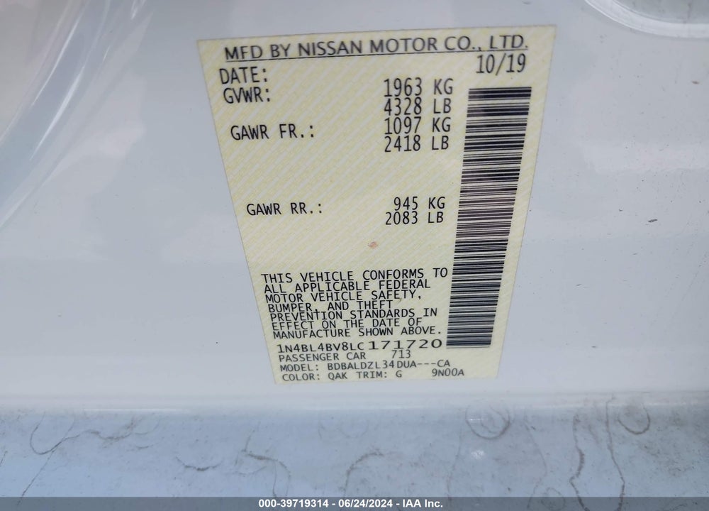 2020 NISSAN ALTIMA S FWD VIN: 1N4BL4BV8LC171720